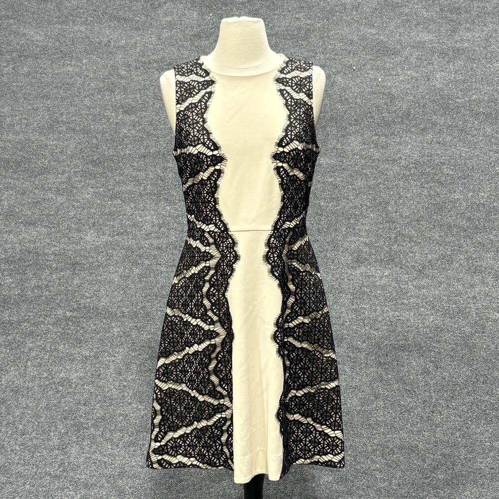 Diane von Furstenberg Dress Womens 8 Beige Black Lace Sleeveless Cocktail Party